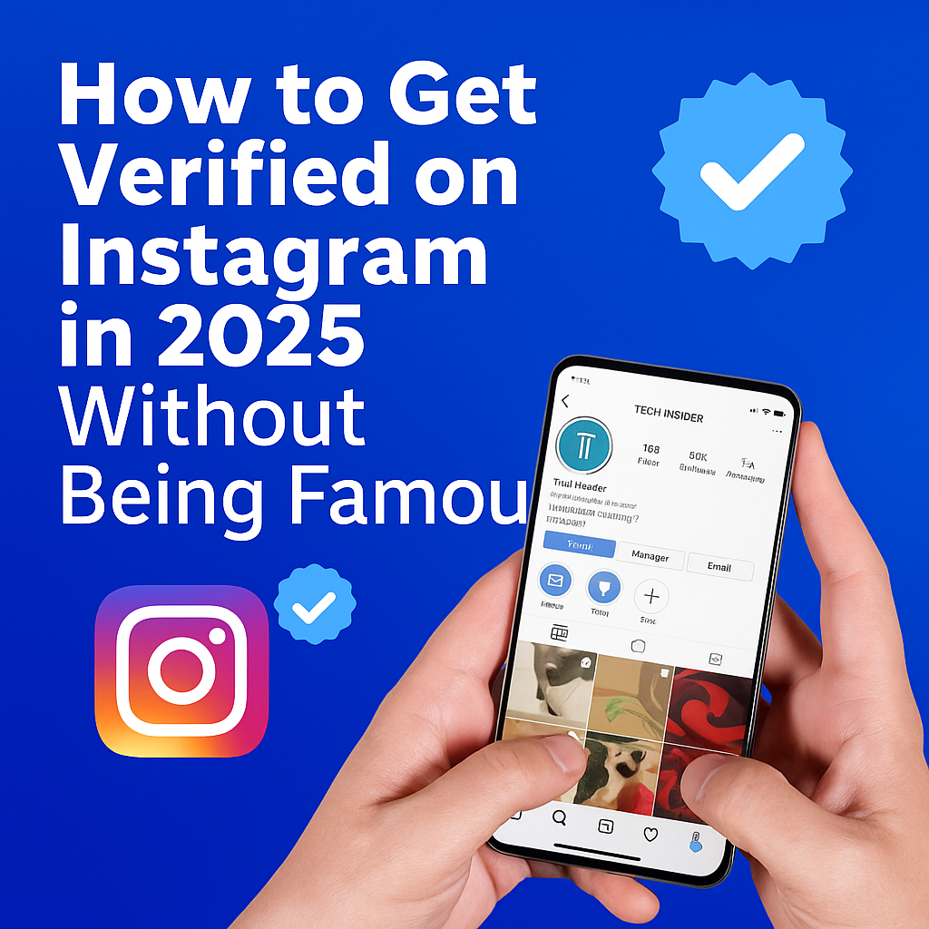 Hands holding a smartphone with an Instagram profile open, surrounded by Instagram’s logo and a blue verification badge, alongside the title "How to Get Verified on Instagram in 2025 Without Being Famous" on a blue background.